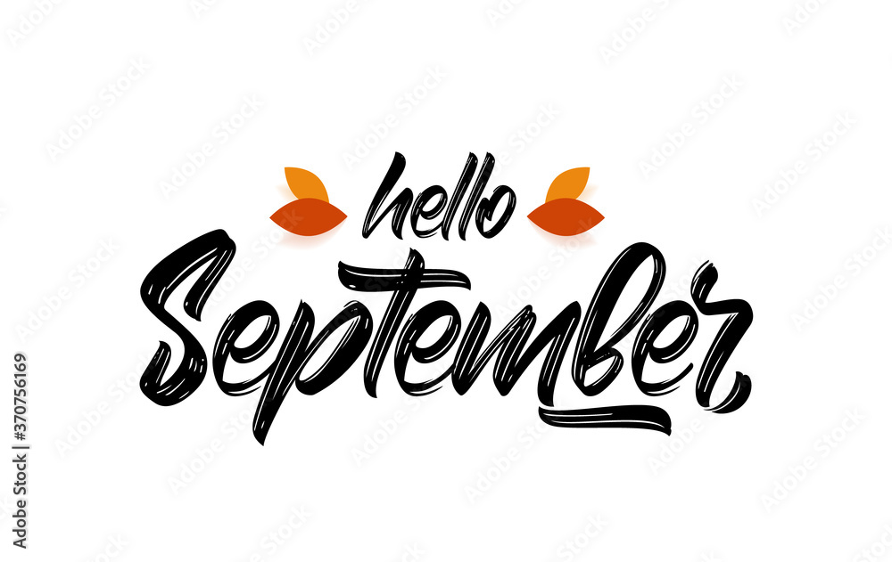 Vector handwritten type lettering of Hello September with fall leaves. - obrazy, fototapety, plakaty 