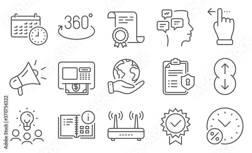 Set of Technology icons, such as Wifi, Touchscreen gesture. Diploma, ideas, save planet. Atm, Loan percent, Privacy policy. Instruction info, Scroll down, Messages. Vector
