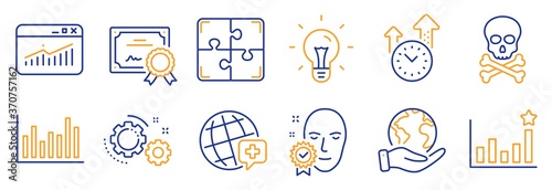 Set of Science icons, such as World medicine, Gears. Certificate, save planet. Chemical hazard, Bar diagram, Idea. Website statistics, Puzzle, Time management. Vector