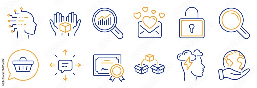 Set of Technology icons, such as Shopping cart, Mindfulness stress. Certificate, save planet. Hold box, Love mail, Artificial intelligence. Research, Parcel shipping, Lock. Vector Set of Technology icons, such as Shopping cart, Mindfulness stress. Certificate, save planet. Hold box, Love mail, Artificial intelligence. Research, Parcel shipping, Lock. Vector