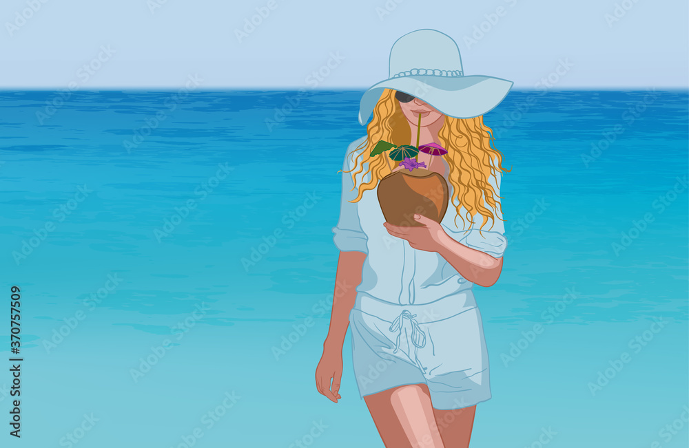 Young tanned blonde woman in blue clothes, sunglasses and hat drinking coconut cocktail near the sea Young tanned blonde woman in blue clothes, sunglasses and hat drinking coconut cocktail near the sea