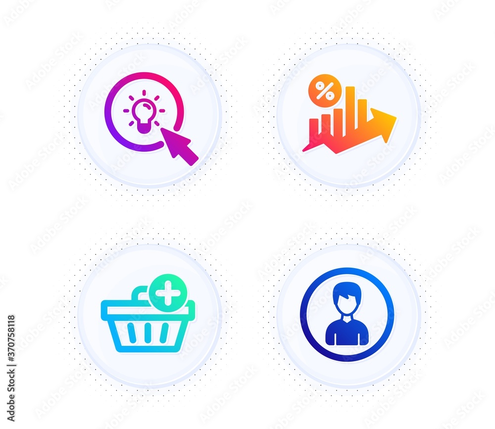 Loan percent, Energy and Add purchase icons simple set. Button with halftone dots. Person sign. Growth chart, Turn on the light, Shopping order. Edit profile. Business set. Vector