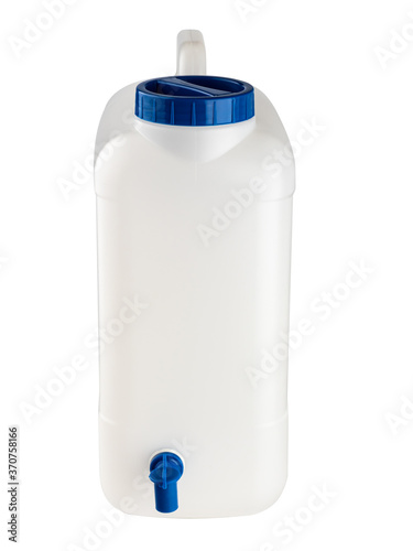 plastic beverage container with blue lid and tap