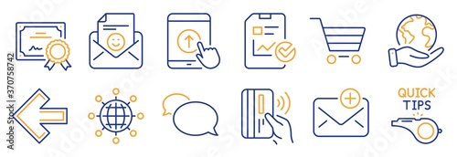 Set of Business icons, such as Report checklist, Messenger. Certificate, save planet. New mail, Swipe up, International globe. Contactless payment, Tutorials, Left arrow. Vector
