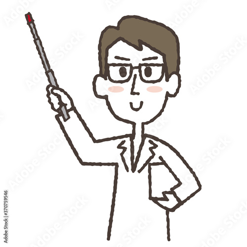 指示棒を使って、笑顔で説明する白衣の男性のイラスト