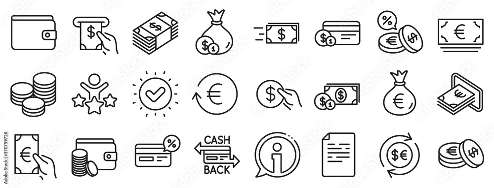 Set of Credit card, Cash and Coins icons. Money wallet line icons. Banking, Currency exchange and Cashback service. Wallet, Euro and Dollar money, credit card. Cash exchange, bank payment. Vector