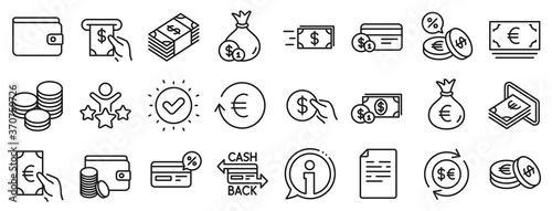 Set of Credit card  Cash and Coins icons. Money wallet line icons. Banking  Currency exchange and Cashback service. Wallet  Euro and Dollar money  credit card. Cash exchange  bank payment. Vector