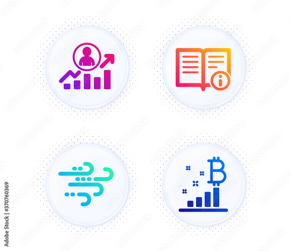 Technical info, Windy weather and Career ladder icons simple set. Button with halftone dots. Bitcoin graph sign. Documentation, Wind, Manager results. Cryptocurrency analytics. Science set. Vector