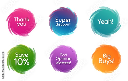 Swirl motion circles. Super, 10% discount and opinion matters. Thank you phrase. Sale shopping text. Twisting bubbles with phrases. Spiral texting boxes. Big buys slogan. Vector