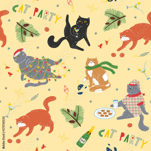 Cute bright Christmas pattern with cute funny cats at the cat party. Cute bright Christmas pattern with cute funny cats at the cat party. Cats in funny poses and Christmas attributes.