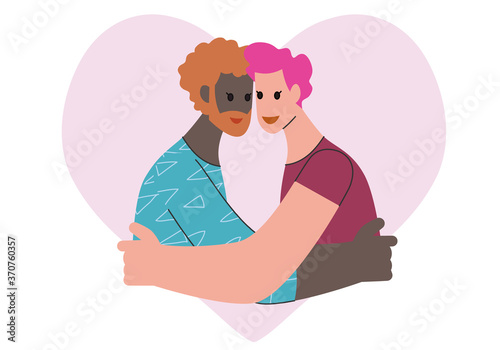Happy homosexual family, gay couple inside a heart shape. Two men hugging each other. Flat vector illustration.