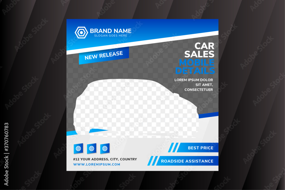 Naklejka premium Car sales social media banner kit booster, Stylish design vector template. Diagonal space for photo collage. square layout use blue and grey colors combination.