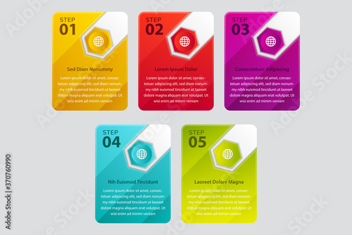 Infographic template with 5 hexagon with line icons, process chart, vector eps10 illustration. Rectangle shape as background and hexagon as element banner place for icon. diagonal gradient element.