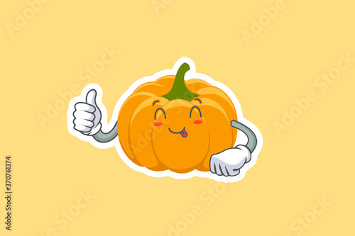 YUM, TONGUE, cheerful Face Emotion. Thumb Up Hand Gesture. Yellow, Orange Pumpkin Fruit Cartoon Drawing Mascot Illustration.
