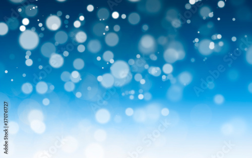 White lights bokeh, snowfall, defocus glitter blur on blue background. copy space ,illustration.