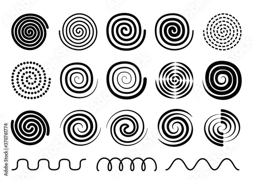  Swirl, twist, spiral set, collection of swirl Memphis design elements, black outline silhouette isolated on white background photo