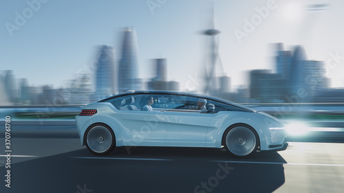 Shot of a Futuristic Self-Driving Van Moving on a Public Highway in a Modern City with Glass Skyscrapers. Female and Senior Man are Having a Conversation in Driverless Autonomous Vehicle. Motion Blur