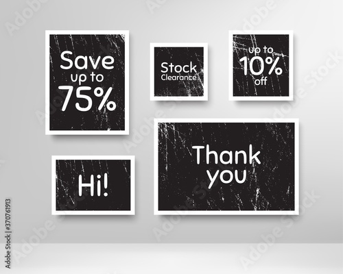 Save 75%, 10% discount and stock clearance. Black photo frames with scratches. Thank you phrase. Sale shopping text. Grunge photo frames. Images on wall, retro memory album. Vector