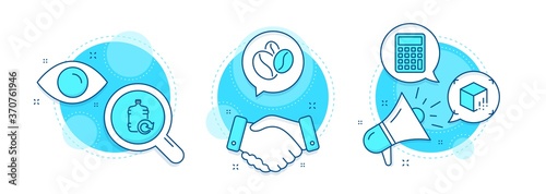 Coffee beans, Refill water and Augmented reality line icons set. Handshake deal, research and promotion complex icons. Calculator sign. Roasted seeds, Cooler bottle, Virtual reality. Vector