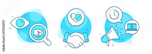 Medical help, Time and Touch screen line icons set. Handshake deal, research and promotion complex icons. Medical pills sign. Medicine laptop, Clock, Web support. Drugs. Science set. Vector