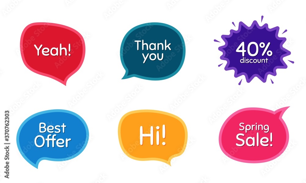 Best offer, 40% discount and spring sale. Colorful chat bubbles. Thank you phrase. Sale shopping text. Chat messages with phrases. Texting thought bubbles. Vector Best offer, 40% discount and spring sale. Colorful chat bubbles. Thank you phrase. Sale shopping text. Chat messages with phrases. Texting thought bubbles. Vector