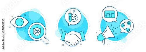 Chemistry flask, Dj controller and Eye protection line icons set. Handshake deal, research and promotion complex icons. Friends community sign. Laboratory, Musical device, Optometry. Love. Vector