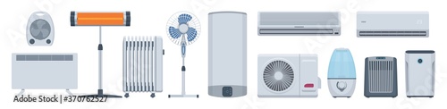 Flat climatic appliances set. Conditioners, heaters & other. Vector illustration