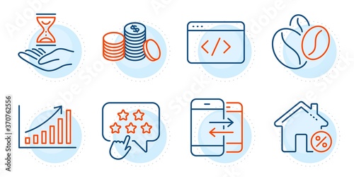 Time hourglass, Banking money and Seo script signs. Graph chart, Coffee beans and Ranking star line icons set. Phone communication, Loan house symbols. Growth report, Roasted seeds. Vector
