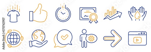 Set of Business icons, such as Eco energy, Next. Certificate, save planet. Cogwheel, Video content, Growth chart. Approved, Like, Safe water. Time, Dry t-shirt line icons. Ecology, Forward. Vector