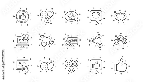 Share network, Like thumbs up and Rating. Social media line icons. Feedback smile linear icon set. Geometric elements. Quality signs set. Vector