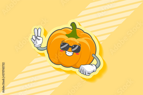 RELAXED, GLASSES, COOL Face Emotion. Peace Hand Gesture. Yellow, Orange Pumpkin Fruit Cartoon Drawing Mascot Illustration.