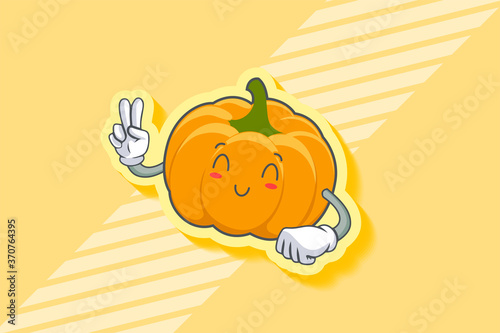 SMILING, HAPPY, RELIEVED Face Emotion. Peace Hand Gesture. Yellow, Orange Pumpkin Fruit Cartoon Drawing Mascot Illustration.