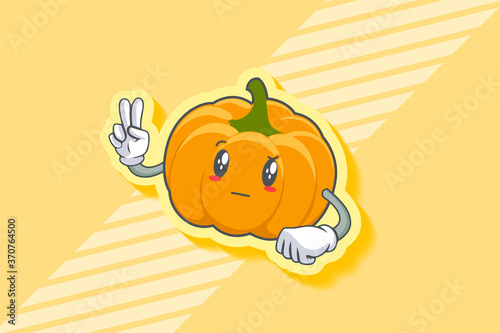 REALLY, ATTENTIVE, Curios Face Emotion. Peace Hand Gesture. Yellow, Orange Pumpkin Fruit Cartoon Drawing Mascot Illustration.