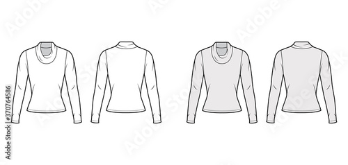 Cowl turtleneck jersey sweater technical fashion illustration with long sleeves, close-fitting shape. Flat outwear apparel template front, back white grey color. Women men, unisex shirt top CAD mockup