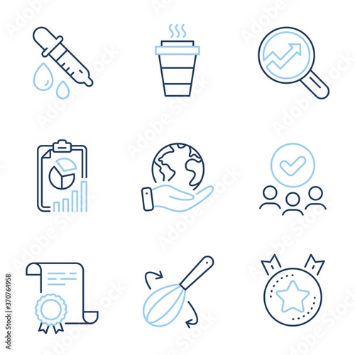 Analytics, Ranking star and Cooking whisk line icons set. Diploma certificate, save planet, group of people. Chemistry pipette, Report and Takeaway signs. Audit analysis, Winner medal, Cutlery. Vector
