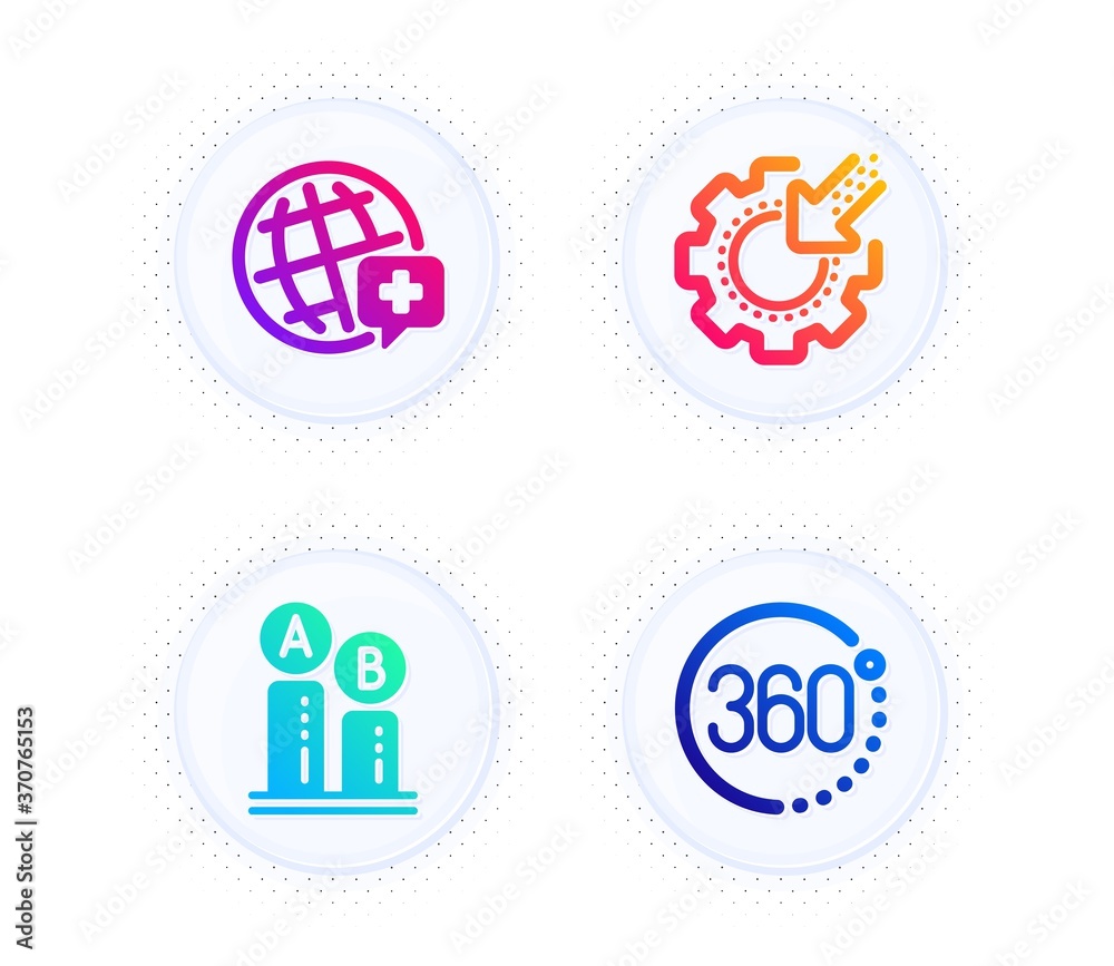 World medicine, Ab testing and Seo gear icons simple set. Button with halftone dots. 360 degrees sign. Online medicine, Test chart, Cogwheel. Full rotation. Science set. Vector World medicine, Ab testing and Seo gear icons simple set. Button with halftone dots. 360 degrees sign. Online medicine, Test chart, Cogwheel. Full rotation. Science set. Vector