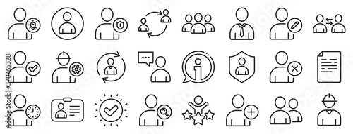 Profile, Group of people and Support signs. Users line icons. ID card, Teamwork people and Businessman user symbols. Person talk, Engineer profile and Human Management. Job support. Vector
