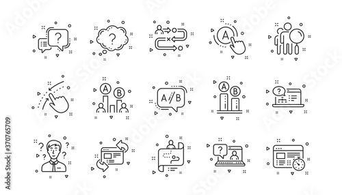 AB testing, Journey path map and Question mark. UX line icons. Quiz test linear icon set. Geometric elements. Quality signs set. Vector