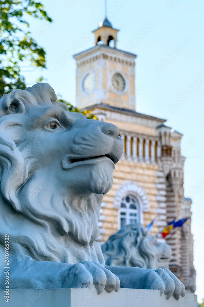 Lion statue near municipality building in Chisinau