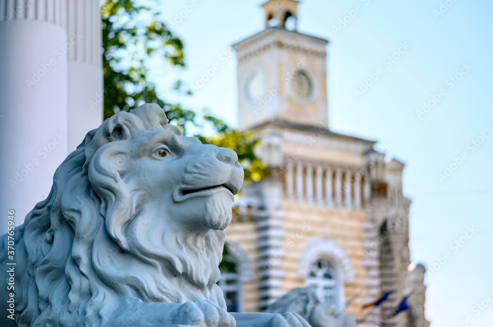 Lion statue near municipality building in Chisinau