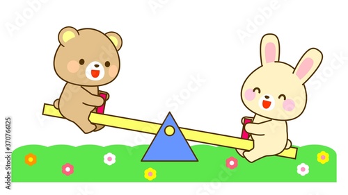 子ども向け　シーソーで遊ぶ動物のイラスト