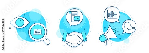 Mail letter, Web lectures and Human sing line icons set. Handshake deal, research and promotion complex icons. Diagram chart sign. Read e-mail, Online test, Talk. Presentation graph. Vector