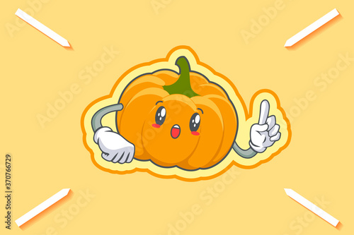 WOW, SURPRISED, AMAZED, DISMAY Face Emotion. Forefinger Hand Gesture. Yellow, Orange Pumpkin Fruit Cartoon Drawing Mascot Illustration.