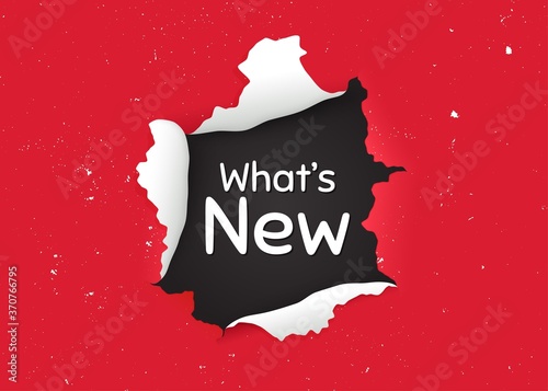 Whats new symbol. Ragged hole, torn paper banner. Special offer sign. New arrivals symbol. Paper with ripped edges. Torn hole red background. Whats new promotion banner. Peeling grunge paint. Vector