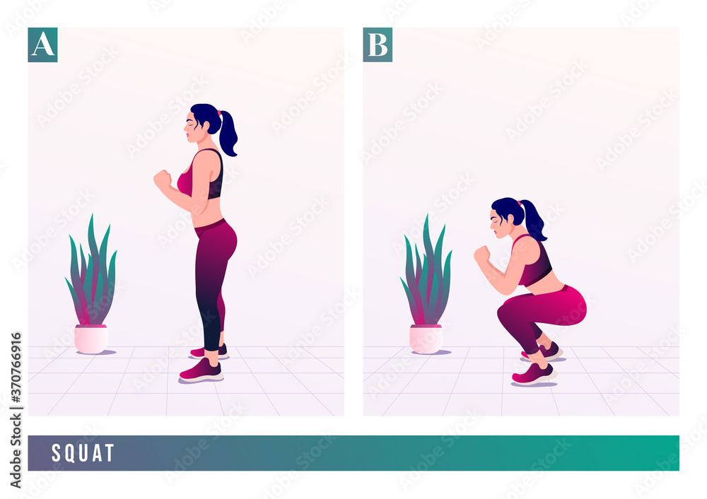 SQUAT exercise, Woman workout fitness, aerobic and exercises. Vector Illustration.