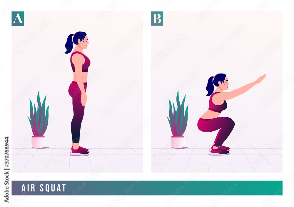 AIR SQUAT exercise, Woman workout fitness, aerobic and exercises. Vector Illustration.