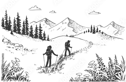 Vector illustration of tourists in nature, in the mountains. Nordic Walking. landscape with mountains, meadows and forest. Illustration of tourism and recreation in the wild. hand-drawn sketch