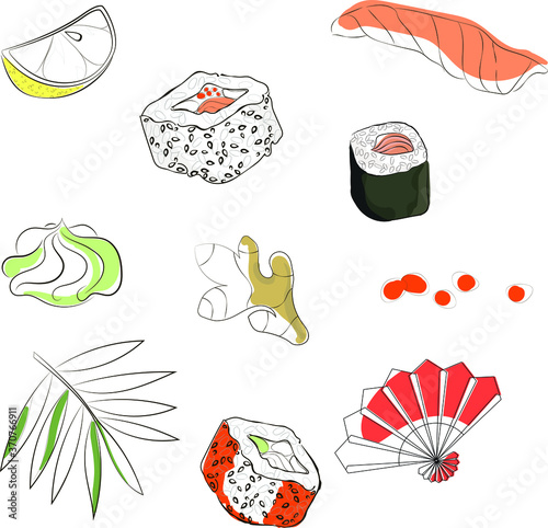 sushi set with salmon, caviar, wasabi, lemon, ginger