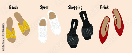 Summer trendy shoes. 
Beach Slippers, Sports Sneakers, Comfortable Shopping Shoes, Dating Shoes. Modern hand drawn colorful collection of women's shoes. 