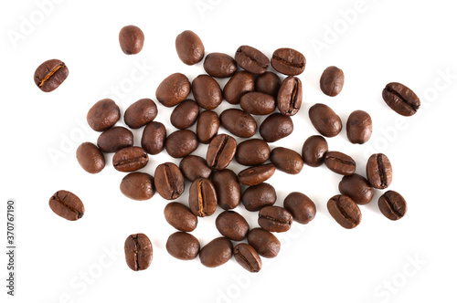 Close up,Coffee beans isolated on white background,Top view.